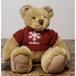 Fossil Christmas Teddy Bear Plush Red/Burgundy Sweater Snowflake Beige Brown